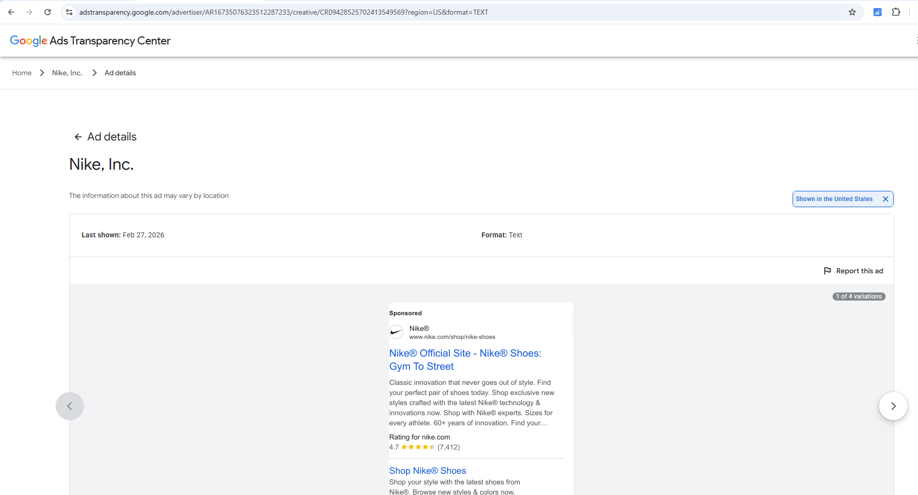 Ad detail view showing ad creative, last shown date, format, and advertiser name