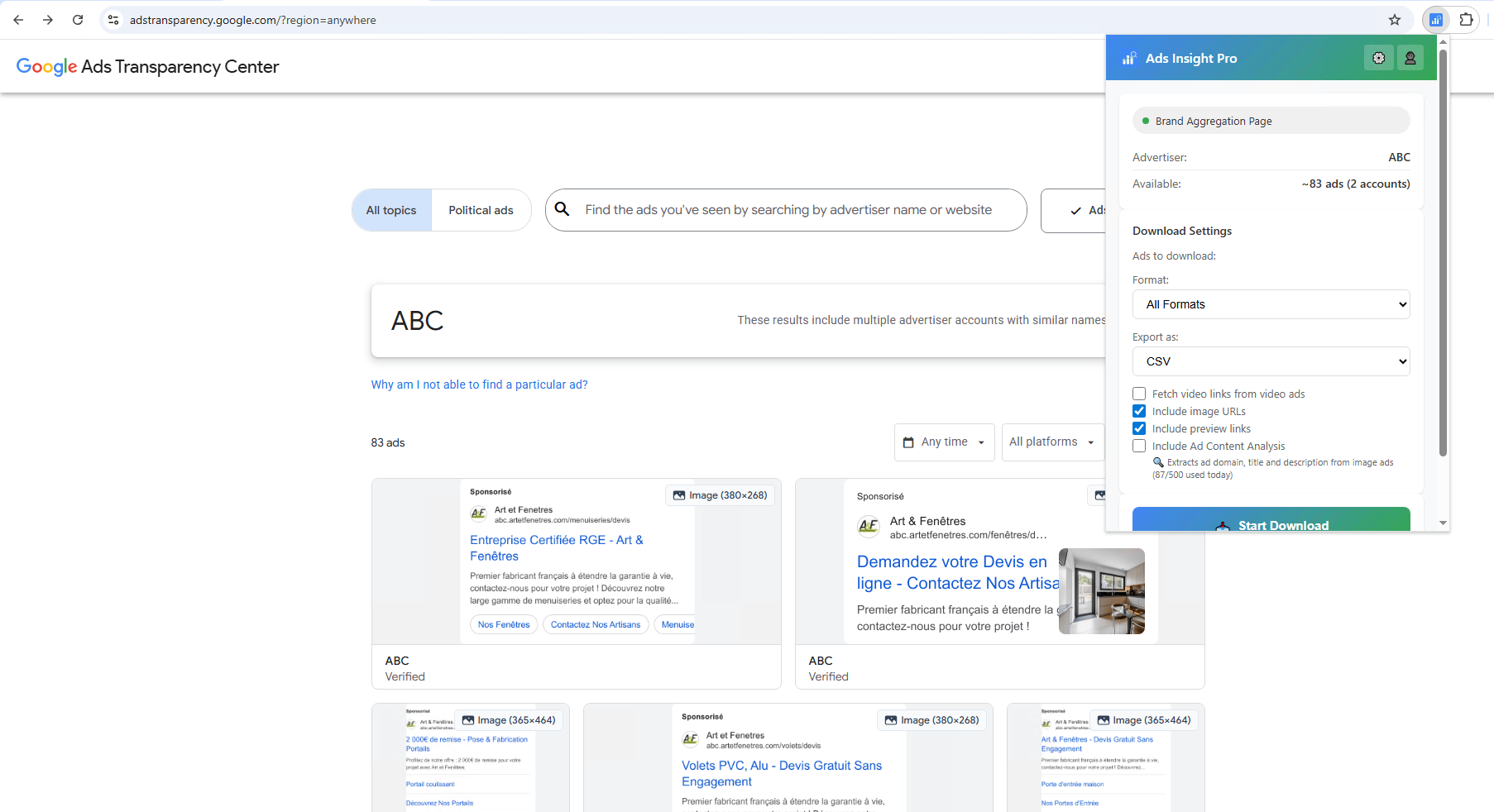 Ads Insight Pro popup showing Brand Aggregation Page mode with accounts count