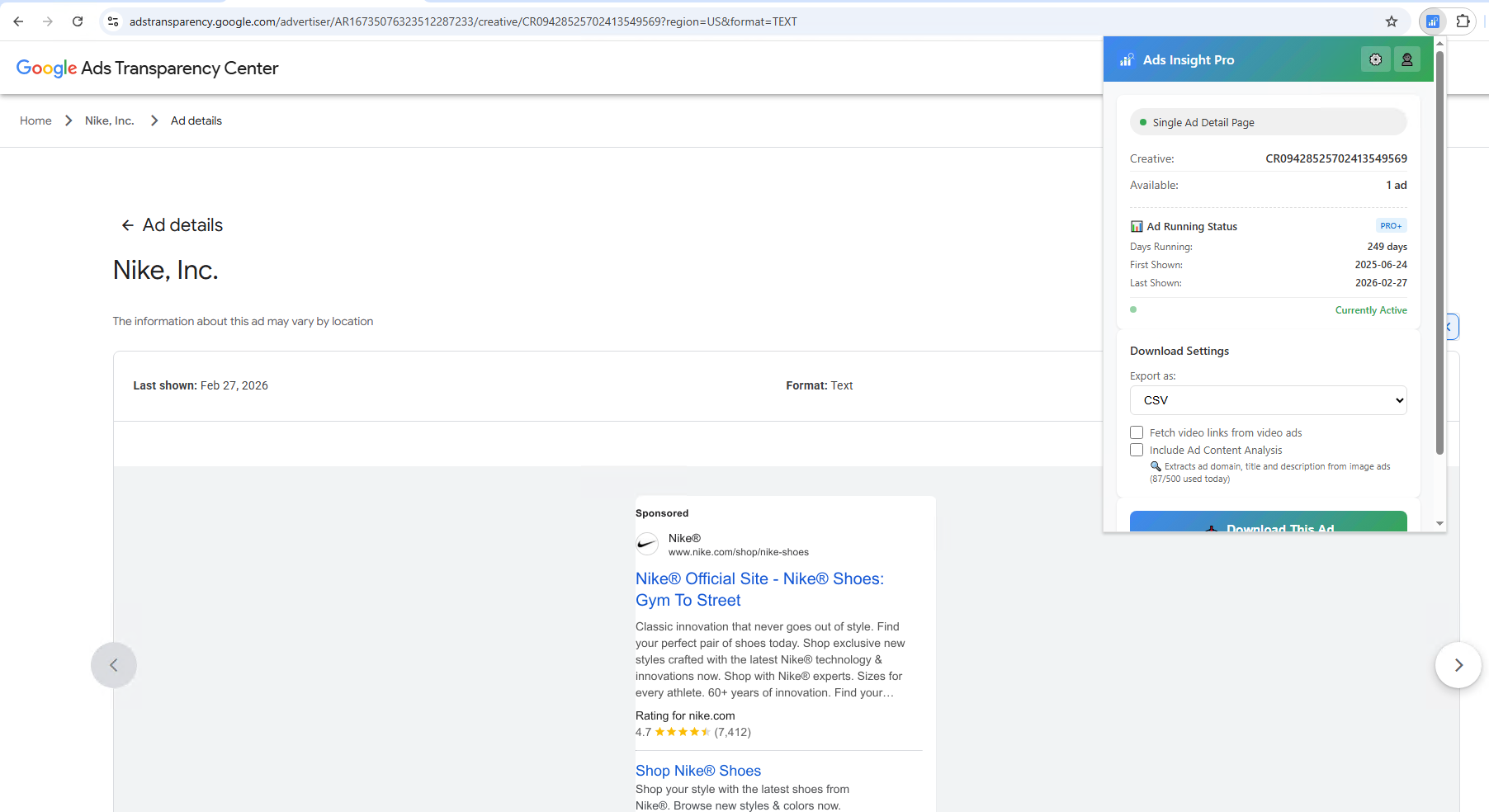 Ads Insight Pro popup showing Single Ad Detail Page mode and Ad Running Status (days running, first shown, last shown, active)