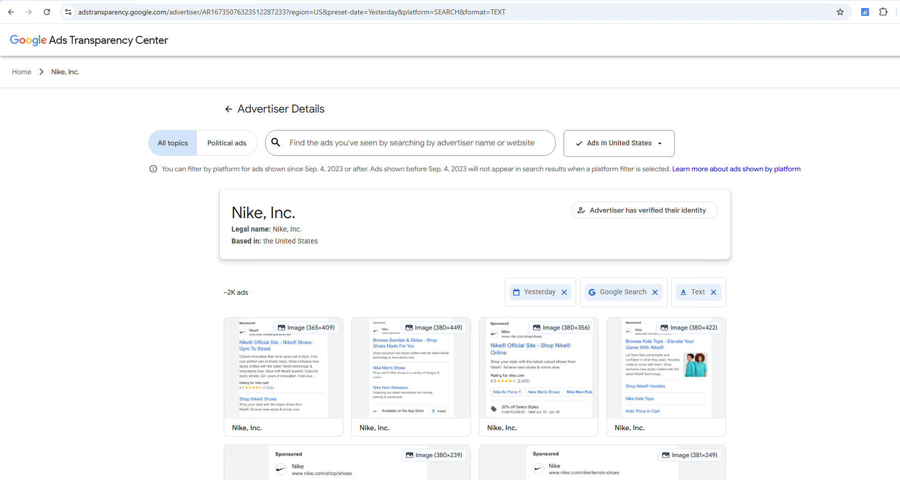 Example of competitor text ads analysis