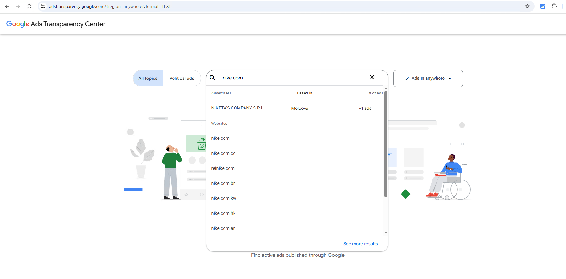 Search dropdown showing advertiser names and domain matches