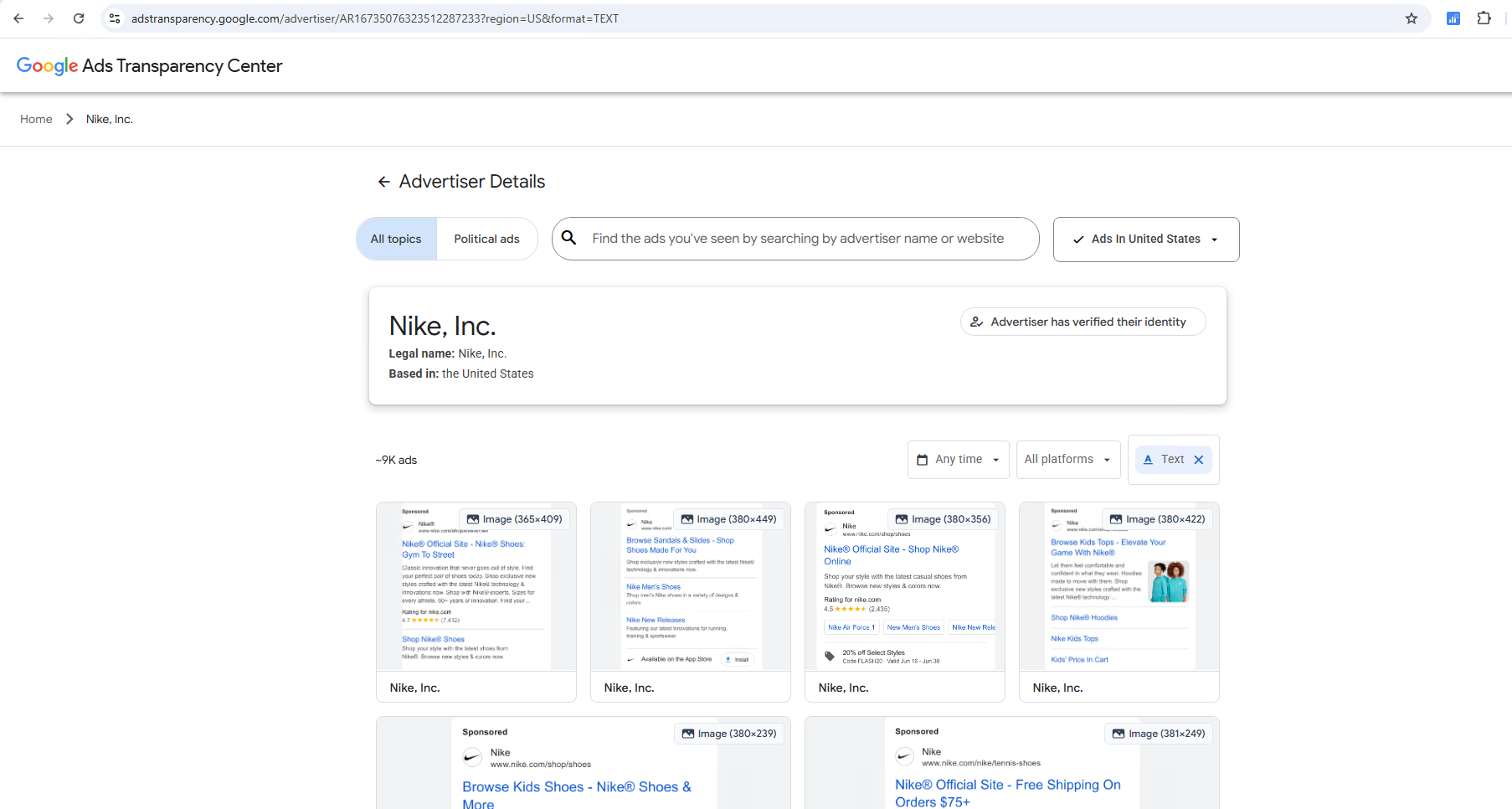 Google Ads Transparency Center filters for Region, Date, Format, and Platform